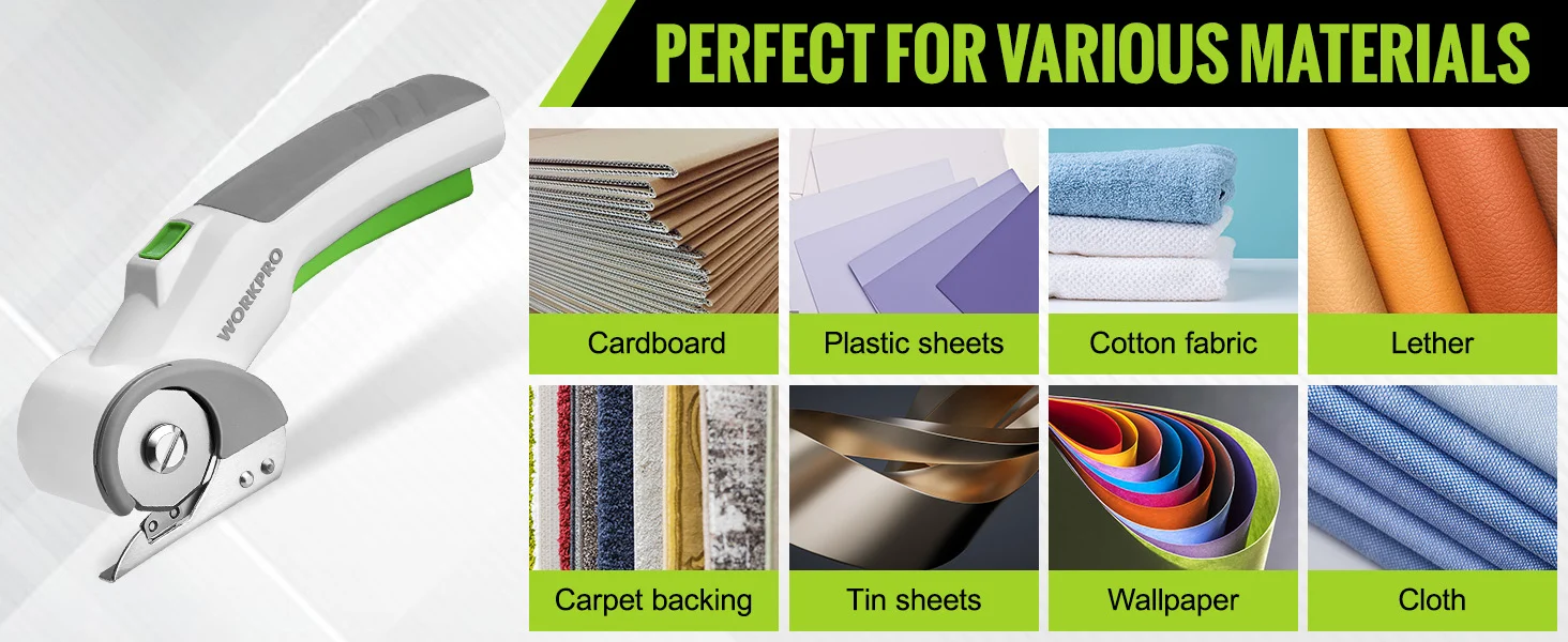 Stapler tool labeled WorkPro with innovation and quality shown beside cardboard, plastic sheets, cotton fabric, and leather